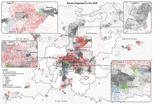 Figure 1. Racial integration in the Gauteng-City Region (GCR).Source: Statistics South Africa: 2011 Census, Municipal Demarcation Board. Software: Esri ArcGis 10.