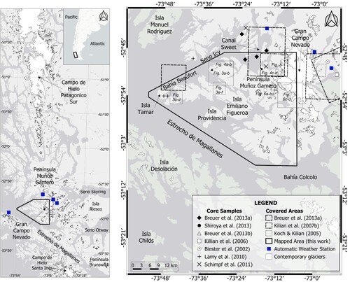 Figure 1. Research area and published studies. (a) Study area indicated by box west of the Gran Campo Nevado, located ca. 130 km south of the Campo de Hielo Patagónico Sur. (b) Mapped area includes overlap rectangles of locations studied previously. Solid black symbols correspond to marine sediment records (MSR), hollow symbols indicate lake sediments cores (LS), CitationBiester et al. (Citation2002) utilize peat records (PR), CitationLamy et al. (Citation2010) include MSR, LS and PR data while CitationSchimpf et al. (Citation2011) use cave and stalagmites samples (CS). Blue squares indicate the closest automatic weather stations.