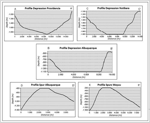 Figure 3. Bathymetric profiles showing the main geoforms of the study area (A) Providencia Depression, (B) Albuquerque Depression, (C) Nutibara Depression, (D) Albuquerque Spur, (E) Wayuu Spur. See Figure 2 for the location of the profiles.