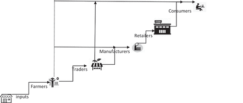 Figure 1. A generic supply chain of agriculture produce in the context of a complete supply-chain network