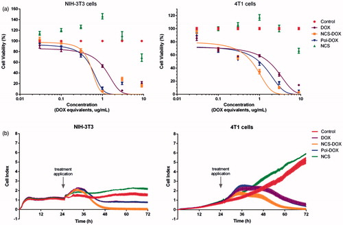 Figure 9. Effects of treatments on the viability and adhesion of NIH-3T3 and 4T1 cells: (a) viability of cells exposed to NCS-DOX (nanocapsules containing selol and doxorubicin), NCS (nanocapsules of selol), Pol-DOX (only PVM/MA conjugated to doxorubicin) and DOX (doxorubicin alone) for 48 h, evaluated by the MTT method. (b) Cell adhesion indexes of NIH-3T3 and 4T1 cells continuously monitored in real time for 72 h; cells were treated at 24 h with NCS-DOX, NCS, Pol-DOX or DOX at concentrations equivalent to 1 μg DOX/mL. The control was exposed only to the culture medium. Data are expressed as mean ± standard error of the mean.