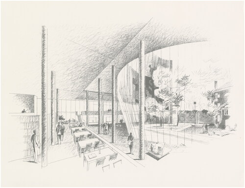 Figure 5. Mitchell/Giurgola Architects, AIA Headquarters, Washington, DC, competition project, Submitted Entry Panel #8. Perspective drawing looking from the proposed new gallery and library, towards the garden and Octagon. Source: Mitchell/Giurgola Collections, The Architectural Archives, University of Pennsylvania (collection 267).