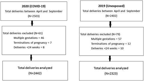 Figure 1. Flow diagram describing all deliveries during the two periods in 2020 (Covid-19) and 2019 (unexposed), and number of deliveries included in the final analysis.
