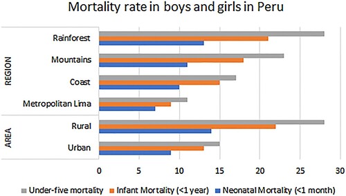 Figure 4. Child mortality rate per 1000 live births in Peru between 2017 and 2018. Source: Prepared by the authors based on data from INEI (Citation2018).