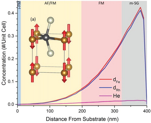 Figure 4. Concentration of Fe and Rh atoms displaced into interstitial positions and of He ions stopped in the bulk, as a function of distance from the substrate (0 Å is the interface with the MgO substrate and at 390 Å is the interface with the capping Ag layer), as simulated by TRIM/SRIM modeling. (a) Sketch shows an example of magnetic disorder introduced by a displaced Fe atom (black ball). The brown balls indicate surrounding Fe atoms which assume the overall antiferromagnetic order, and the silver ones are Rh (sketch assumes zero lattice relaxation).