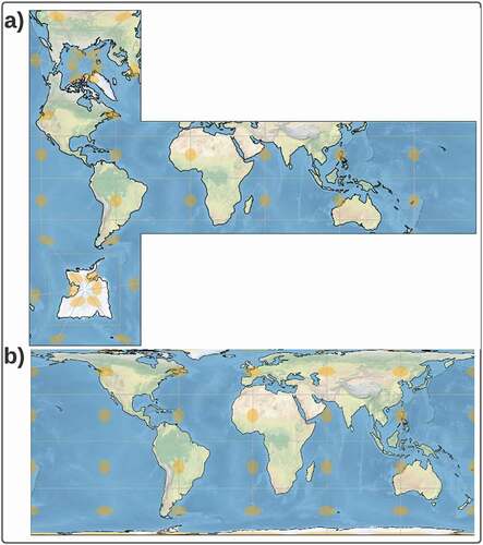 Figure 1. Comparison of the discontinuities and distortions of two equal area representations of the Earth’s surface: a) representation using the rHEALPix hexadron datum; and b) projected representation using EASE Grid version 2. Note that the Orange ellipses are Tissot’s indicatrices, which indicate the amount and direction of surface distortion at various locations.