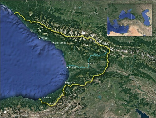 Figure 1. Map of Colchis with the yellow lines indicating the extent of Colchian culture (Drawing by M. Holappa; data source: Google Earth and Terrametrics 2021).