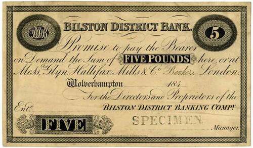 Figure 3. Bilston District Bank 5 pound note, 1840–49.