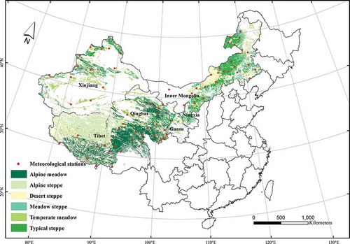 Figure 1. The study area across China’s grasslands. The grassland contained alpine meadow, alpine steppe, desert steppe, meadow steppe, temperate meadow, and typical steppe.