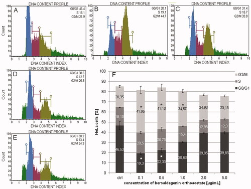 Figure 10. The effect of bersaldegenin-1,3,5-orthoacetate on cell cycle in HeLa cells after 48 h of treatment. The cells were treated with DMSO (A) and the compound at concentrations of 0.1-5.0 μg/mL (0.5 (B), 1.0 (C), 2.0 (D), and 5.0 µg/mL (E), respectively) and analysed by flow cytometry. The percentage of the cells in each phase was determined in comparison to the control (0.25% DMSO) (F). The experiment was repeated three times, independently. Error bars represent standard deviations. Significant differences relative to the control are marked with an asterisk ‘*’ (p < 0.05).