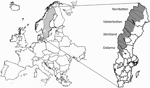 Figure 1. European map displaying Sweden, the 4 mountain counties of Norrbotten, Västerbotten, Jämtland and Dalarna with the 15 mountain municipalities marked in grey.