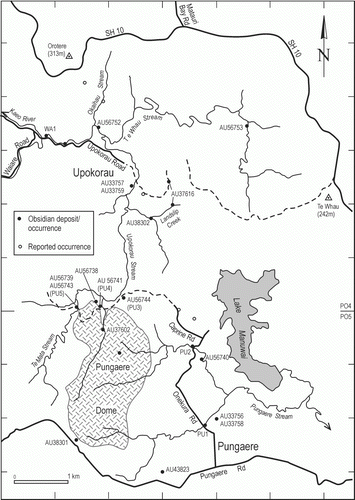 Figure 3  Detailed map of the Pungaere source area. Extent of Pungaere Dome rhyolite from Evans (1993).