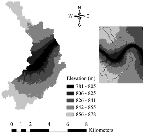 Figure 2. The Digital Elevation Model (DEM) for the WEBs Lower Little Bow watershed (left hand side) clipped from the DEM created for the anticipated area (right hand side) from which the watershed was delineated.