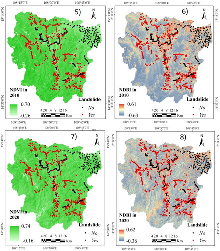 Figure 3. Landslide conditioning factors in the Tra Khuc river basin in Quang Ngai Province: 1) elevation, 2) curvature, 3) aspect, 4) slope, 5) NDVI in 2010, 6) NDBI in 2010, 7) NDVI in 2020, 8) NDBI in 2020, 9) distance from road, 10) soil type, 11) distance from river, 12) TWI, 13) LULC in 2010, 14) LULC in 2020, 15) LULC in 2030, 16) LULC in 2050, 17) average annual rainfall in 2030, 18) average annual rainfall in 2050, 19) average annual rainfall in 2010, 20) average annual rainfall in 2020, 21) distance to settlement in 2030, 22) distance to settlement in 2050, 23) distance to settlement in 2010, 24) distance to settlement in 2020, 25) NDWI in 2010, 26) NDWI in 2020, 27) morphology.