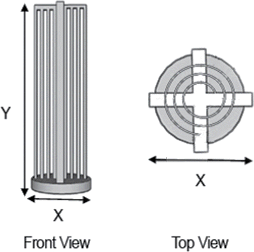 Figure 2. Front and top views of the 3D-printed REPS film holder. Film holder diameter, X = 22 mm, and height, Y = 75 mm, are indicated in the figure as dimensions X and Y. As illustrated in the top view, one piece of polarized, ferroelectric poly(vinylidene fluoride) (PVDF) film (130 × 70 mm) is spiraled through the openings. This results in the formation of multiple layers of film with sides of opposite polarization facing each other across air channels of optimized width (2.25 mm; Therkorn et al. Citation2017).