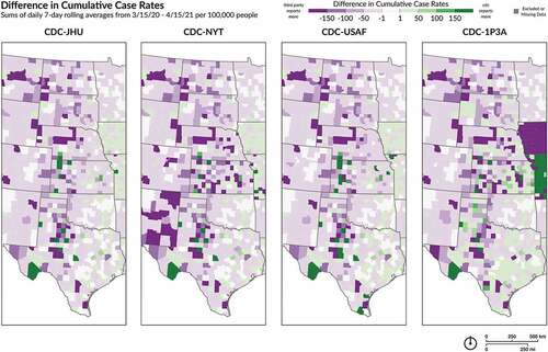 Figure 4. Spatial variation observed across all third party datasets comparisons with CDC data, consistently appearing across counties in a north-south band between Texas and the Dakotas.