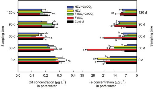 Figure 5. Effects of FeSO4 (1 g Fe kg−1), FeSO4+CaCO3 (1 g Fe kg−1 and 2 g kg−1 CaCO3), NZVI (1 g kg−1 NZVI), and NZVI+CaCO3 (1 g kg−1 NZVI and 2 g kg−1 CaCO3) on the concentrations of Fe in brown rice, husk, leaf, stem, root and iron plaque of rice plant grown in Cd-contaminated soil during the maturation stage. Error bars represent the standard error (n = 3). Different letters indicate the mean difference is significant among treatments at the 0.05 level.