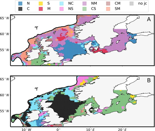 Fig. 6. Maps of jet clusters most strongly associated with anomalously high (A) and with anomalously low (B) sea level anomaly. Colours correspond to: Northern jet cluster (blue), Central jet cluster (black), Southern jet cluster (yellow), Mixed jet cluster (red), Northern and Central jet clusters (light blue), Northern and Southern jet clusters (lilla), Northern and Mixed jet clusters (purple), Central and Southern jet clusters (green), Central and Mixed jet clusters (brown), Southern and Mixed jet clusters (orange), otherwise (‘no jc’, grey). The grid points over the open ocean are masked and the continental shelf is delimited by the thick black line (i.e. the 500 m isobath).