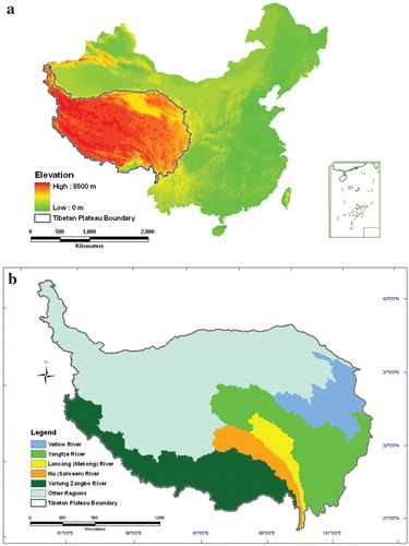 FIGURE 1. Distribution of the source regions of large Asian rivers on the Qinghai-Tibetan Plateau in China. (a) Location of the Qinghai-Tibetan Plateau in China; (b) location of the source regions of large Asian rivers on the Qinghai-Tibetan Plateau.