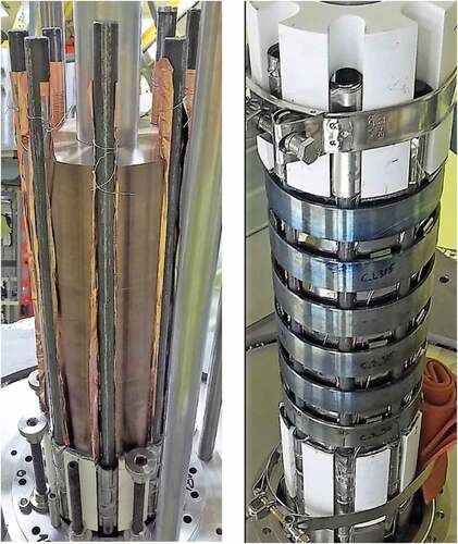 Fig. 8. KRUSTY core assembly: (a) heat pipes fitted within the slots in the HEU UMo fuel and (b) core after the installation of the Haynes 230 rings that clamp the heat pipes to the fuel (via interference fit). White BeO axial reflectors are seen on top and bottom. Some parts in the photographs are part of the temporary assembly fixture, which is later removed.