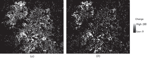 Figure 4. Change in impervious surface area (ISA) values from 1990 to 2000: (a) as predicted using the FIRME method and (b) as represented in the ground reference data.