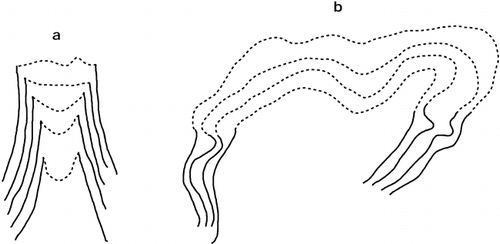 FIGURE A1. Figure 11 of CitationHess (1904), showing contour patterns in the ablation (a) and accumulation (b) areas of a typical valley glacier. Contours are solid on land and dotted on glacier ice. Hess's aim was to contrast the sharp inflections at the glacier margin in the ablation zone with the smooth transition from land to ice in the accumulation zone, but later authors have focused on the contrast in curvature on the glacier, convex in the ablation zone and concave in the accumulation zone