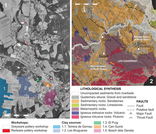 FIG 8 Location of clay sources in Quart (1) and lithological map of the area (2). Background ortophotographs provided by the Cartographic Institute of Catalonia (Institut Cartogràfic de Catalunya, ICC).