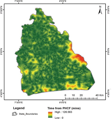 Figure 4. Drive time to nearest PHCF across the study area.