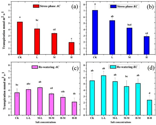 Figure 5. Effect of salt stress and RWP of Transpiration on A. corniculatum species (a, c) and K. candel species (b, d), the small letter indicates significant difference at (p < 0.05) using Duncan’s multiple range tests.