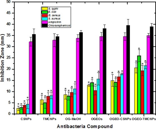 Figure 12 Antimicrobial disc diffusion results for O. gratissimum EOs, methanolic extracts, and nanoparticles. (Columns and bars represent means ± standard deviation) * - the antibacterial statistical difference (P ≤ 0.05) between controls (ampicillin and chloramphenicol) and O. gratissimum methanolic extract, EOs and nanoparticles.Abbreviations: OGEO, Ocimum gratissimum essential oils; OG-MeOH, Ocimum gratissimum methanolic extract; CSNPs, chitosan nanoparticles; TMCNPs, trimethyl chitosan nanoparticles.