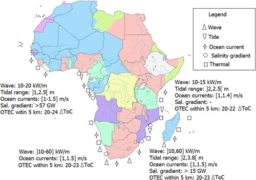 Figure 1. Potential and suitable locations for Ocean Renewable Energy in sub-Saharan Africa.