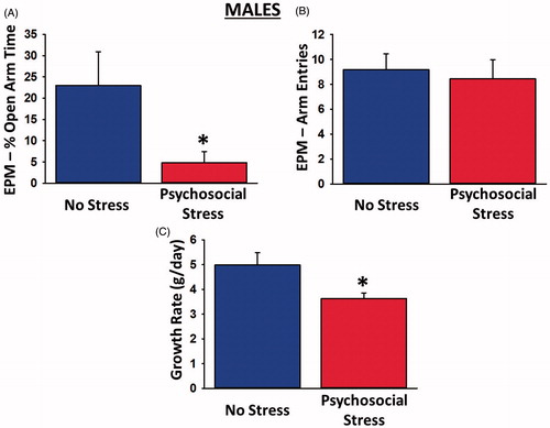 Figure 1. Physiological and behavioral effects of psychosocial stress in male rats. Psychosocially stressed males spent significantly less time in the open arms of the elevated plus maze (A), despite making an equivalent numbers of overall arm entries in the maze (B). The stressed males also exhibited significantly reduced growth rates (C) relative to controls. Sample sizes were 9–11 rats per group. Data are presented as means ± SEM. *p < 0.05 versus no stress.