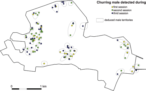 Figure 2 Location of male Nightjar detections and territories within the woodland of Mareuil (670 ha), Vienne, France. Detections obtained at each of the three sampling sessions are represented with different colours, while polygons encompass individual territories deduced by a territory‐mapping procedure.