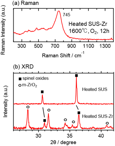 Figure 7. (a) Averaged Raman spectrum of a heated SUS-Zr sample. (b) XRD patterns of heated SUS and SUS-Zr samples.