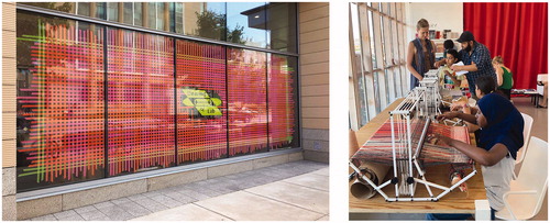Figure 1 Weaving Lab, 2017 (exterior), Wisconsin Institute for Discovery, Madison, WI, Flagging tape, adhesive, vinyl signage, Photo by Marianne Fairbanks. Weaving Lab, 2019 (interior), Copenhagen Contemporary, Photo by Lara Kastner.