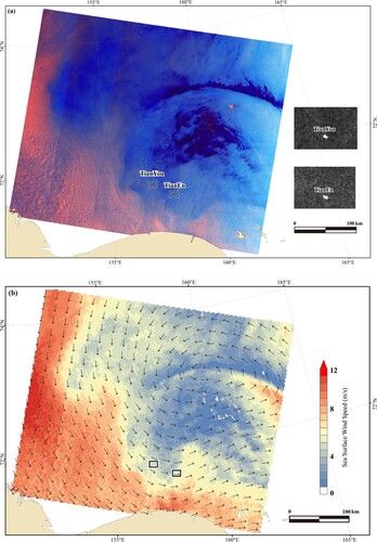Figure 8. (a) A case of S1 observation of two COSCO cargo vessels (TianYou and TianEn) sailing in opposite directions in the East Siberian Sea on 8 August 2020 and the corresponding sea surface wind field derived by the SAR data (b) presenting cyclone weather.