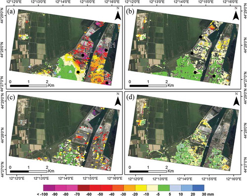 Figure 7. Cumulated displacement maps over the industrial area of Ravenna used to cross-validate the results: (a) ENVISAT processed with SBAS. (b) TerraSAR-X processed with SBAS. (c) ENVISAT processed with CPT. (d) TerraSAR-X processed with CPT. The black dots, from E1 to E4 and from C1 to C4, are the locations of the points selected to perform the comparison between the time series obtained, respectively, from ENVISAT and TerraSAR-X.