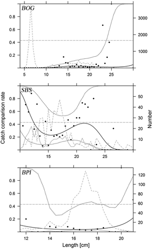 FIGURE 5. Catch comparison rate for the experimental surrounding net versus the boat seine (solid black curves). Dots represent experimental rates. Thin black dotted curves represent the 95% CI for the catch comparison curves. Dark gray solid curves represent summed and raised catch populations for hauls with the experimental surrounding net. Dark gray dashed curves represent summed and raised catch population for hauls with the boat seine. Horizontal dark gray lines represent baselines for no effect of gear type on the catch performance. BOG: Bogue; SBS: Saddle Bream; BPI: Blotched Picarel.
