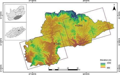 Figure 1. Map showing the location of the study area in Eastern Cape Province overlaid on SRTM digital elevation model; (a) communal grasslands, and (b) commercial grasslands.