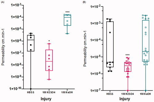 Figure 4. Altered rate of penetration of fluorescein (A) and rhodamine B (B) across the cornea after HBSS (black), 1 M H2SO4 (red), or 1 M NaOH (blue) application to the corneal surface. Data represent n = 3 experiments where n = 5 cornea in each treatment group. Data are presented as mean ± std. error where ***p<.001 and *p<.05.