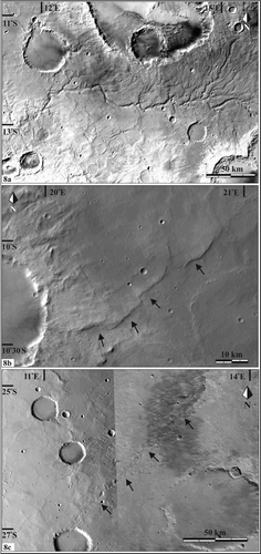 Figure 8. (a) Valley network detailed on a HRSC image. Drainage of the main channel trended from east to west during incision. (b) Lobate scarp (black arrows) is interpreted to be due to compressional tectonism in the Noachis-Sabaea region. (c) Linear pit chains (black arrows) are interpreted to have formed due to an impact-cratering event.