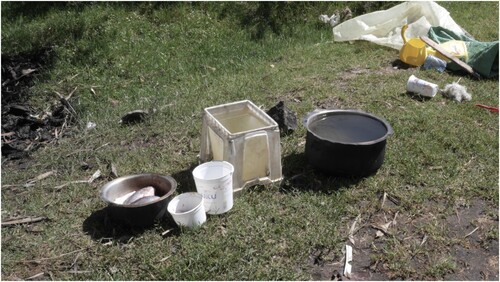 Figure 8. Re-using materials from the farm: flower buckets and polythene sheets used to collect and sell fish (© Anna Lisa Ramella).