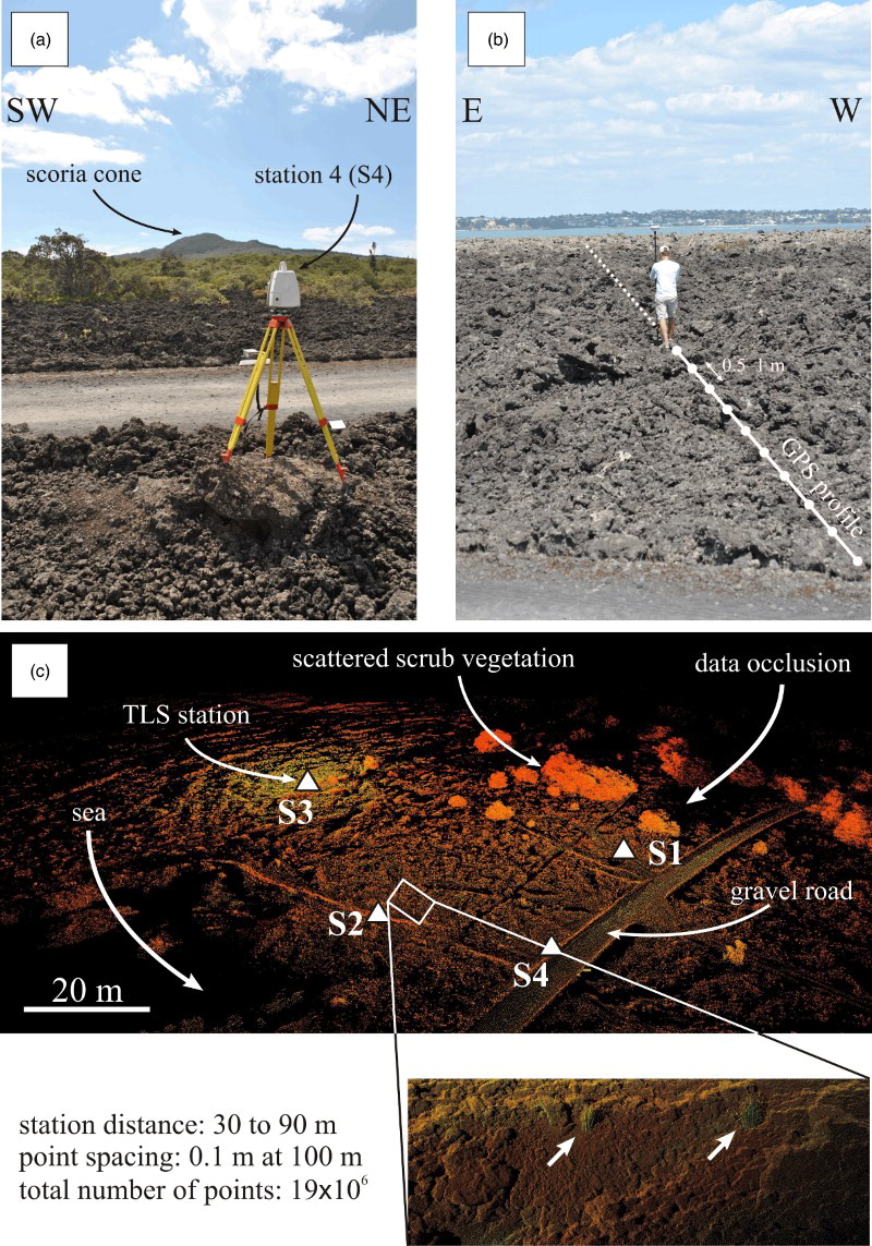 Figure 3. Field photos of the A, TLS and B, RTK GPS surveys carried out on the distal segment of a rubbly ‘a‘ā lava flow near Flax Point, Rangitoto. C, Perspective view of the TLS point cloud after registration of point from each station. The inset shows the capability of the TLS to resolve detailed features, such as grass (white arrows). Vegetation was removed manually from the point cloud to obtain bare surface points for the DSM.