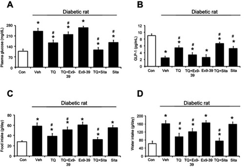 Figure 3 The chronic effects of thymoquinone (TQ) were modified by Ex 9–39 (GLP-1 receptor antagonist) or sitagliptin (DPP-4 inhibitor) treatment. Diabetic rats were orally administered TQ (50 mg/kg/day). (A) Plasma glucose levels. (B) Plasma GLP-1 levels. (C) Food and (D) water intake in diabetic rats (black column). Values are expressed as the mean ± SD (n=6). *P<0.05 compared with the control group (white column). #P<0.05 compared with the vehicle-treated diabetic group.