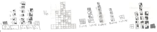 Figure 14. Four examples of student constructions of the 4-block combinatorial sample space. Over half of the studnets could build these combination towers and solve correctly a probability question concerning the chance of producing a 4-block with exactly 3 black squares.