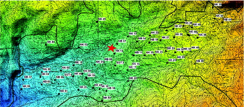 Figure4. Geophysical tests: 70 noise measurement points and one seismic array (red star) for the evaluation of the loose soil thickness.