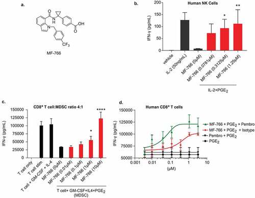 Figure 2.. MF-766 restores PGE2-inhibited type 1 cytokine IFN-γ production in lymphocytes