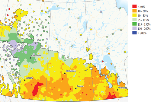 Fig. 2 Percentage of average precipitation in the Canadian Prairies from early May to late July of 2023. Normal precipitation based on 1981-2010 (Agriculture and Agri-Food Canada Citation2023).
