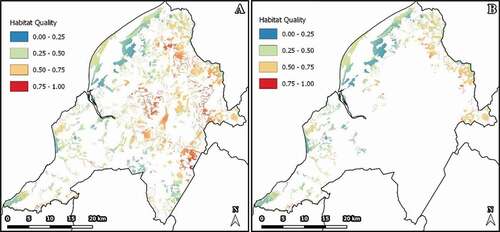 Figure 5. Habitat quality Constitución County (a) 2014 (b) after fire of 2017.