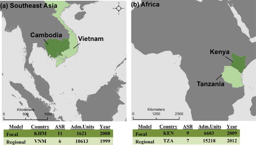 Figure 1. Countries from (a) Southeast Asia and (b) Eastern Africa were used in separate analyses to compare a regionally-parameterized model (based on Tanzania and Vietnam, respectively) to a model parameterized by only the focal model (based on Kenya and Cambodia, respectively) and to a model that used both the Regional and Focal country data collectively.